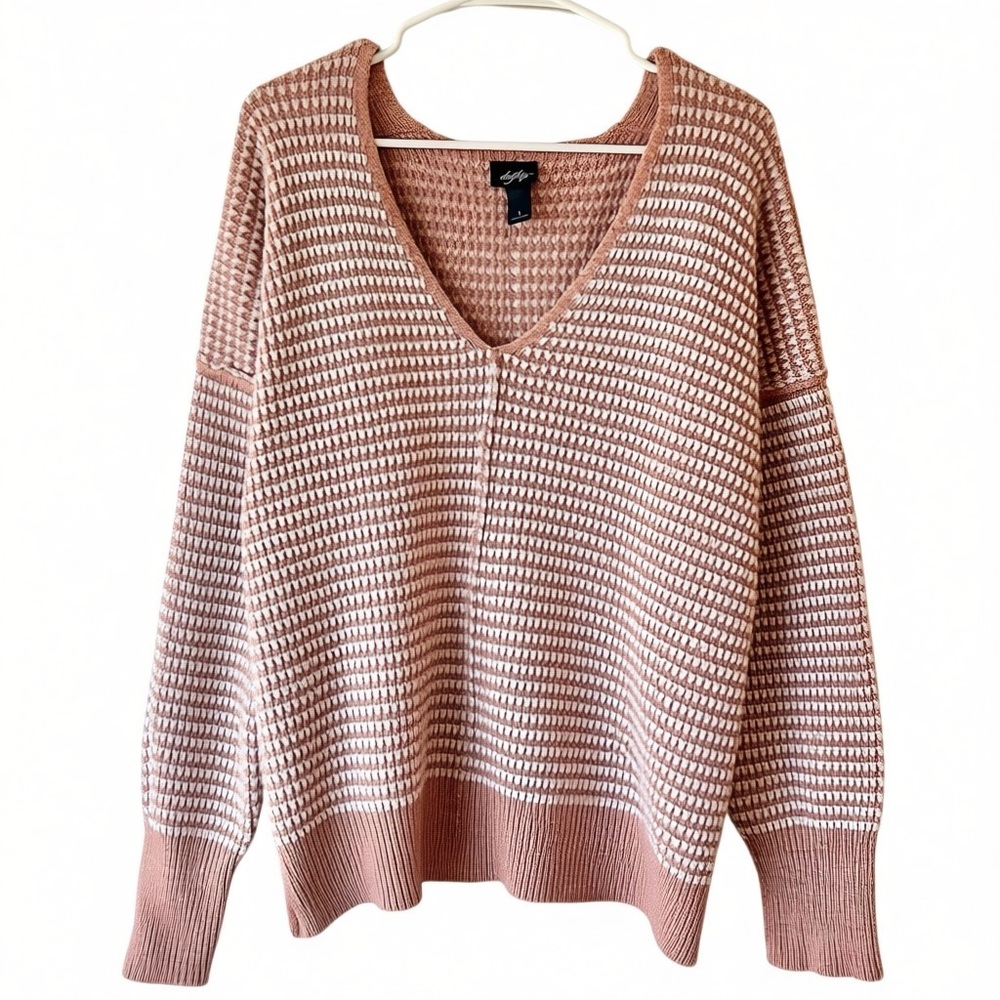 Daytrip Pink White V-Neck Chunky Knit Sweater Slouchy Pullover Size Large